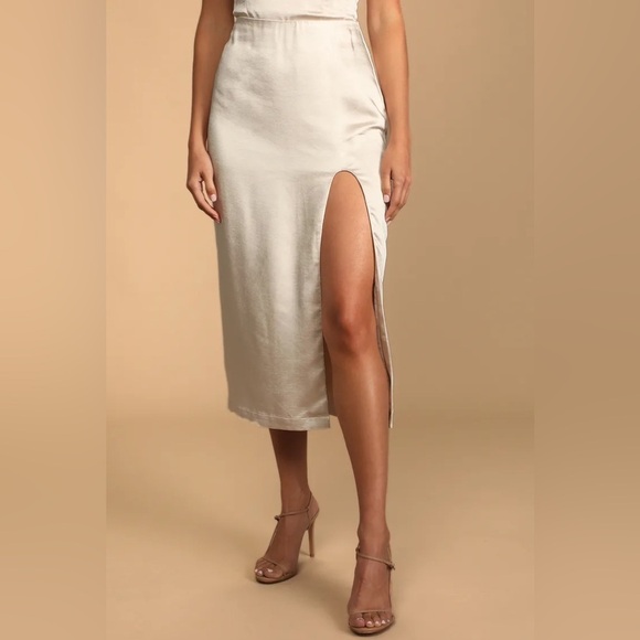 LULU’S Headed To Happy Hour Champagne Satin Midi Skirt - Picture 3 of 6